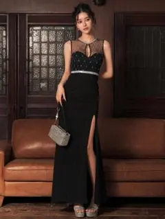 JEWELS ビジュー装飾 ブラックドレス スリット入り