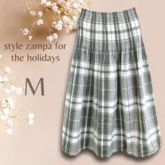 ザンパ　スカート　緑　リバーシブル　ロング　チェック　ストライプ　ウエストゴム
