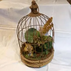 ウサギと植物の鳥籠シャビー　アンティーク調雑貨 アイアンとりかご