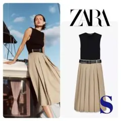 完売品＊ZARA　ショルダーパッド　コントラストワンピース　ベルト付　S　ザラ