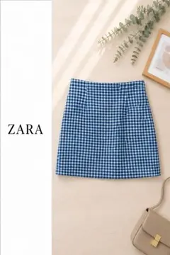 ZARA ザラ　ミニスカート チェック柄 ブルー 台形スカート ハイウエストのサムネイル