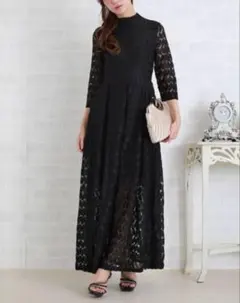 Lace Ladies リーフモチーフ ハイネック ロングワンピース・ドレス