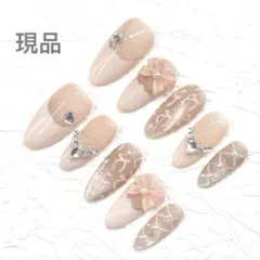 量産型 シアーピンク フレンチ リボン キラキラ姫系 ダイヤモンド　ネイルチップ