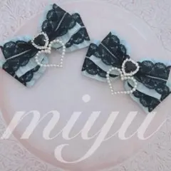 ヘアクリップ　（水色フリルリボン　黒ハートレース　　）　ロリィタ　推し活　推し