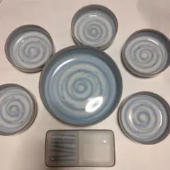 青色 渦巻き模様 陶器鉢　薬味皿セット