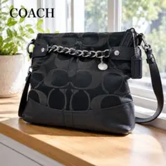 COACH チェーンチャーム付 ショルダーバッグ キャンバス レザー ブラックのサムネイル