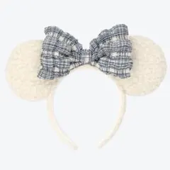 ミニーカチューシャ 白ボアチェックリボン