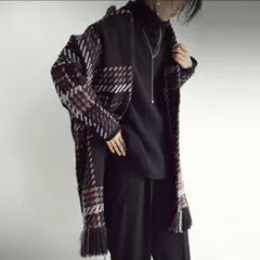 【大人気】アンティカ　フリンジチェックコート　antiqua 刺繍　ツイード