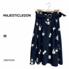 ★美品★MAJESTIC LEGON 花柄スカート M ネイビー ベルト ひざ丈