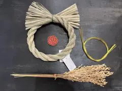 しめ縄と稲穂、水引梅結びお正月飾りセット　赤金