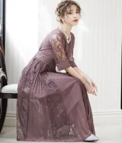 プリーツ×レース 7分袖結婚式ワンピースドレス 同窓会 二次会 ドレス