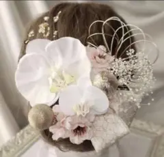パール胡蝶蘭と七宝リボン　金箔付き◆成人式、結婚式、和装髪飾り　振袖や白無垢