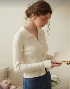 アイボリー リブ編み 長袖セーター