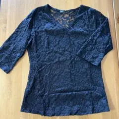 黒 レース 五分袖 Vネック トップス