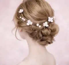 ヘアピンセットゴールド　ヘッドドレス　花　パール　髪飾り　結婚式　パーティー　白