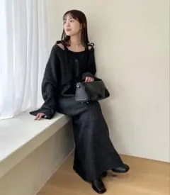 【Olu.】カーディガンセット　リボンキャミソール ニットワンピース　グレー