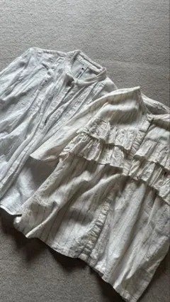 ニコアンド　シャツ２枚セット　フリル付きホワイト半袖シャツ、レース襟五分袖シャツ