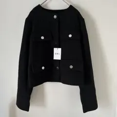 新品　GRL ノーカラーツイードジャケット　[dk1334]　ブラック　【F】