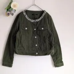 INGNIイング【М】ビジュー付きカーキデニムジャケット グリーン Gジャン