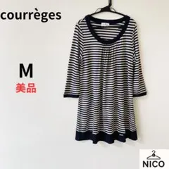 【日本製】クレージュ ボーダー柄 チュニックワンピース ロゴプレート 紺 38のサムネイル