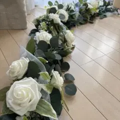 造花　ガーランド 約1.5m バラ　白色　ウェディング　高砂　水色リボン付き