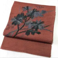 【名古屋帯】開き仕立て　紗　赤茶色　 モノトーンの花柄　洒落帯　薄物　盛夏　夏帯