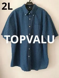 TOPVALU 半袖シャツ 2L ブルー チェック 大きいサイズのサムネイル