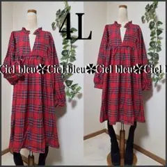 春夏*4L★Vネック*襟フリルAラインチェックワンピース*大きいサイズ