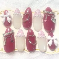 ネイルチップ 現品 オーダー 量産型 ツイード ワンホン フレンチ 韓国 ピンク