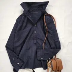 上品❤マルティニーク 春シャツ スキッパー ストライプ ネイビー パール 釦
