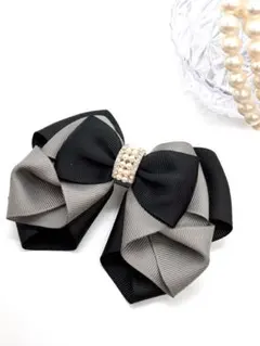 ベルリボン　グログランブラック濃グレー　バレッタ