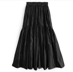 ロングスカート 黒 GRL メタリックタフタギャザーフレアスカート　M