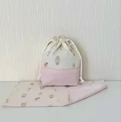 【SALE】ハンドメイド コップ袋・ランチョンマット うさぎ×ピンク 2点