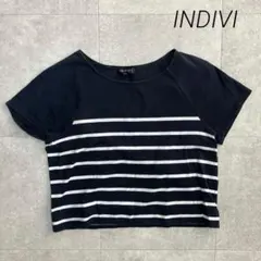 INDIVI 半袖　ボーダー 紺　白　L 大きめ　インディヴィ　綿　シンプル　夏のサムネイル