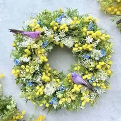 ２羽の小鳥とふんわりミモザリース/春インテリア/ナチュラル/造花 No.26_5