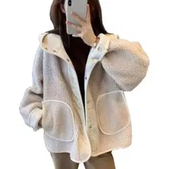 新品 アイボリー フリースジャケット フード ボアジャケット レディース
