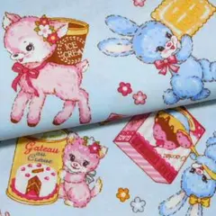 廃盤＊希少●布 スイーツとレトロアニマル うさぎ 幅108×50cm 水色