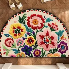 おしゃれ☆玄関マット 花柄 刺繍 半円形マット 40×60 滑り止め エスニック