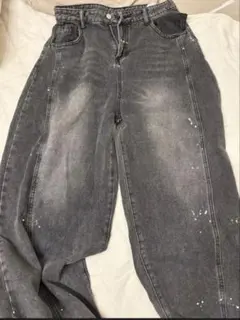グレー ペイント加工 ワイドデニムパンツ