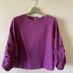 ブラウス　バルーン袖　七分袖　ピンク　フリル　ギャザー