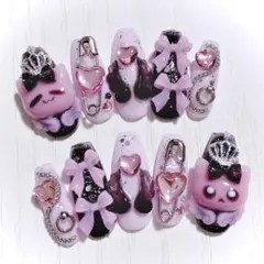 No.263　ネイルチップ 現品 量産型 地雷系 サブカル 平成女児 ピンク 猫