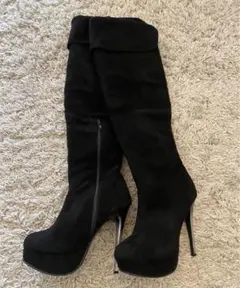 Mafmof 黒 ニーハイブーツ 厚底 スエード調 ブラック ハイヒール