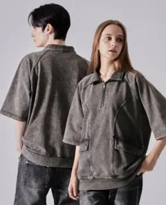 CLEL ヴィンテージデザイン半袖ハーフジップ　Tシャツ ブラックアッシュ S