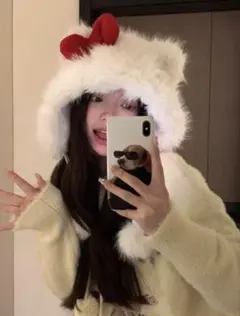 ホワイトファー帽子 キティちゃんリボン付き