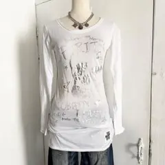 MOUTHvalley 長袖カットソー チュニック 白 両面プリント 髑髏 英字