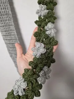 手編み 花モチーフ ストール グリーン グレー