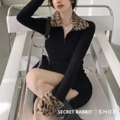 韓国♡色っぽ ヒョウ柄 襟 ニットワンピース ミニ 長袖 秋冬 セクシー