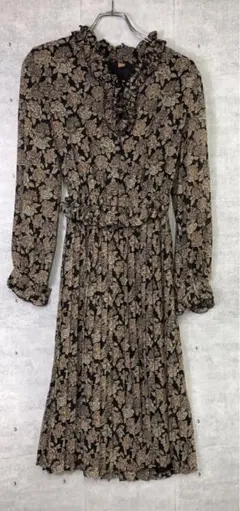 昭和レトロ オールド 古着 ヴィンテージフラワープリント フリル 長袖ワンピース