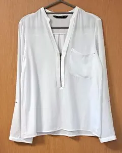 ZARA BASIC　ホワイト　Vネック　ジップ　七分袖にもなる　長袖　シャツ