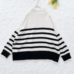 ボーダータートルネックニット　M オフホワイト　オーバーサイズ　体型カバー